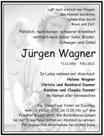Traueranzeige von Jürgen Wagner von Pegnitz-Zeitung